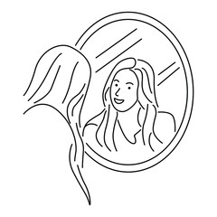 Young long-haired woman standing in front of mirror and looking at reflection. Vector illustration in line art style