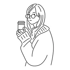 Illustration of Girl Holding Iced Coffee Drinks. Vector line art illustration