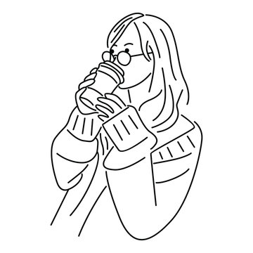 Illustration of Girl Holding Iced Coffee Drinks. Vector line art illustration
