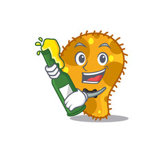 Mascot character design of pseudomonas say cheers with bottle of beer