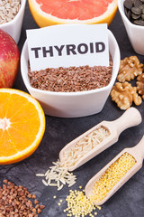 Fruits, vegetables and ingredients as best food for healthy thyroid. Natural eating containing vitamins