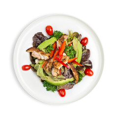 Plate of Chicken and avocado salad served with lettuce, capsicum and cherry tomatoes isolated on white 