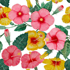 Watercolor hand painting seamless pattern, yellow and pink hibiscus flower blossom, green leaves on white, Natural tropical plant graphic and vibrant repeated print textile, fabric, vintage wallpaper