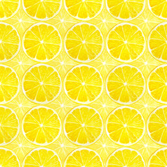 Watercolor hand painting illustration seamless pattern of circle sliced yellow Lemon fruits, repeated texture for fabric textiles printing