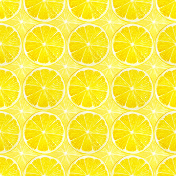 Watercolor hand painting illustration seamless pattern of circle sliced yellow Lemon fruits, repeated texture for fabric textiles printing