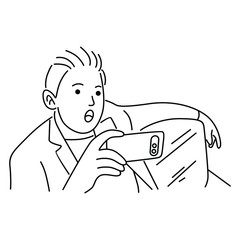 Young man, using smartphone, looking at screen, playing game or watch media, sitting on sofa. Line art vector illustration