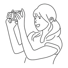 Women taking pictures by digital camera. Line art vector illustration