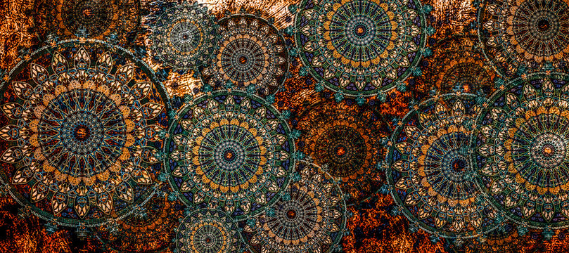 mandala colorful vintage art, ancient Indian vedic background design, old painting texture with multiple mathematical shapes