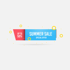 Summer sale, special offer up to 50%. Trendy flat geometric vector banner. Blue, red and yellow colors. Discount design background for your business and seasonal design. Vector illustration.