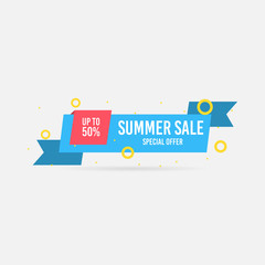 Summer sale, special offer up to 50%. Trendy flat geometric vector banner. Blue, red and yellow colors. Discount design background for your business and seasonal design. Vector illustration.
