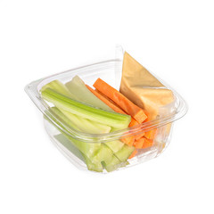 Hummus, carrot and celery sticks in plastic container isolated on white 