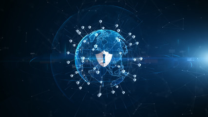 Shield icon cyber security, Digital data network protection,  Technology digital network data connection,  Digital cyberspace future background concept.