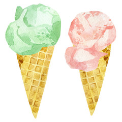 Watercolor set of ice cream in waffle cone. Summer red and green color dessert on isolated white background.