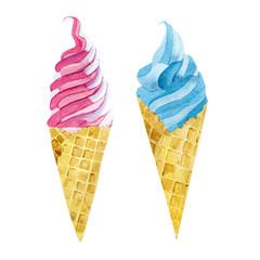 Watercolor set of soft ice cream in waffle cone. Summer blue and pink color dessert on isolated white background.