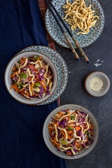 Plate of Mixed red and white cabbage slaw salad with crispy asian noodles 