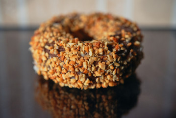 close-up view of peanut donut