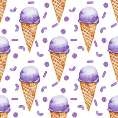 Seamless pattern. Violet watercolor ice cream in waffle cone and confetti decor on white background. Hand drawn illustration. - 342228467