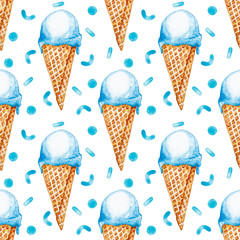 Seamless pattern. Blue watercolor ice cream in waffle cone and confetti decor on white background. Hand drawn illustration. - 342228476