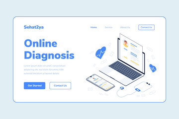 Landing Page Template Online Diagnosis Health Laptop Smarthphone Stethoscope Isometric Illustration