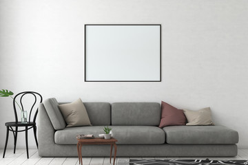 Mock up poster frame in interior background, living room, Scandinavian style, 3d render. 3D illustration