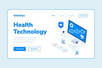 Landing Page Template Health Technology Two Man Doctor DNA Computer Isometric Illustration