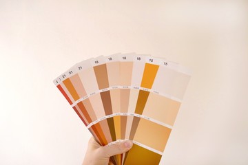 RAL sample colors catalogue on a beige background. palette of building paints in beige and brown...