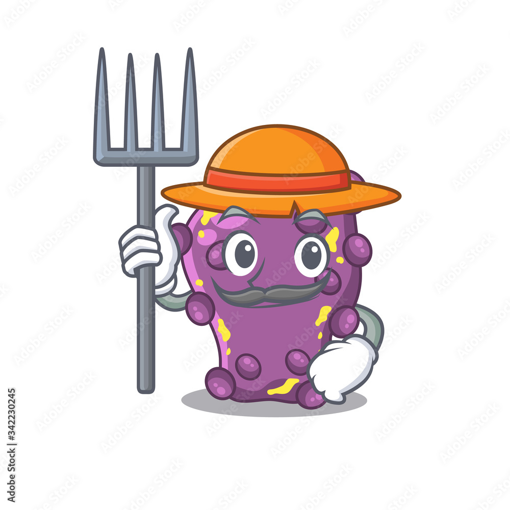 Sticker Cartoon character design of shigella as a Farmer with hat and pitchfork