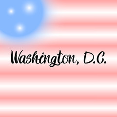 Fototapeta na wymiar Washington brush paint hand drawn lettering on background with flag. Capital city of USA design templates for greeting cards, overlays, posters