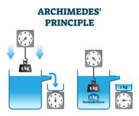 Archimedes principle vector illustration. Buoyant force physics experiment.