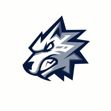 Wolf athletic club vector logo concept isolated on white background. Modern sport team mascot badge design. E-sports team logo template with animal vector illustration
