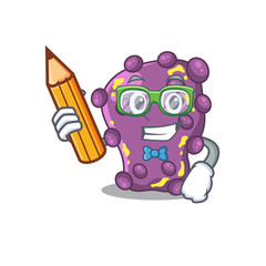 A brainy student shigella cartoon character with pencil and glasses