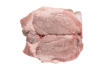 Frozen pork steak isolated include clipping path on white background photo stack flat lay