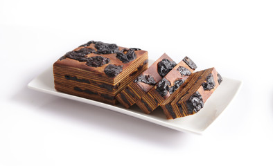 traditional Indonesian food,  kek lapis legit, layered cake with white background