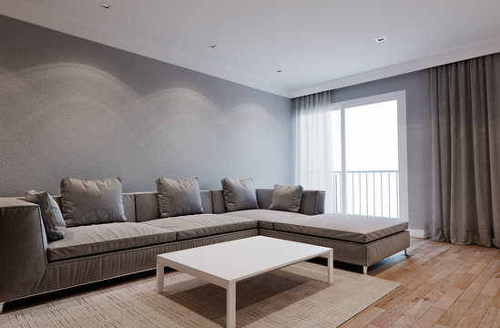Living room interior in hotel or apartment with soft sofa and curtains. 3D illustration