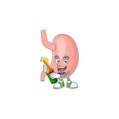 Mascot cartoon design of stomach making toast with a bottle of beer