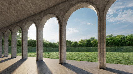 Contemporary Arch corridor with green garden view. 3D illustration