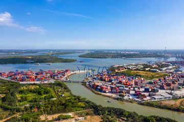 Top view aerial of Cat Lai container harbor, center Ho Chi Minh City, Vietnam with development...
