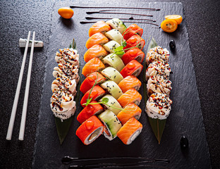 sushi set on the black background