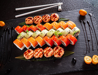 sushi set on the black background