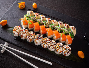 sushi set on the black background