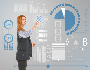 Businesswoman using virtual screen on grey background. Concept of business data