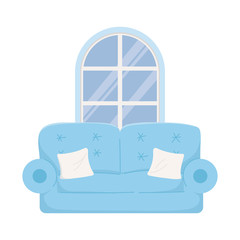 sofa with cushions and window house isolated icon on white background