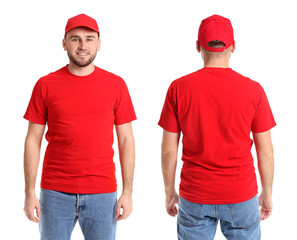 Handsome man in stylish cap on white background. Front and back view