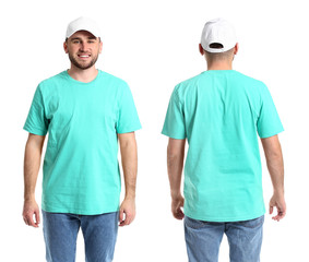 Handsome man in stylish cap on white background. Front and back view