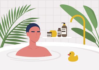 Young male character taking a bath, modern lifestyle, boho chic interior with plants and cosmetics