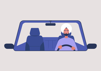 Young indian male character driving a car, millennial lifestyle