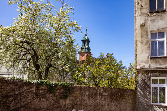 The tower of the Holy Trinity parish church in Gniezno, Poland.