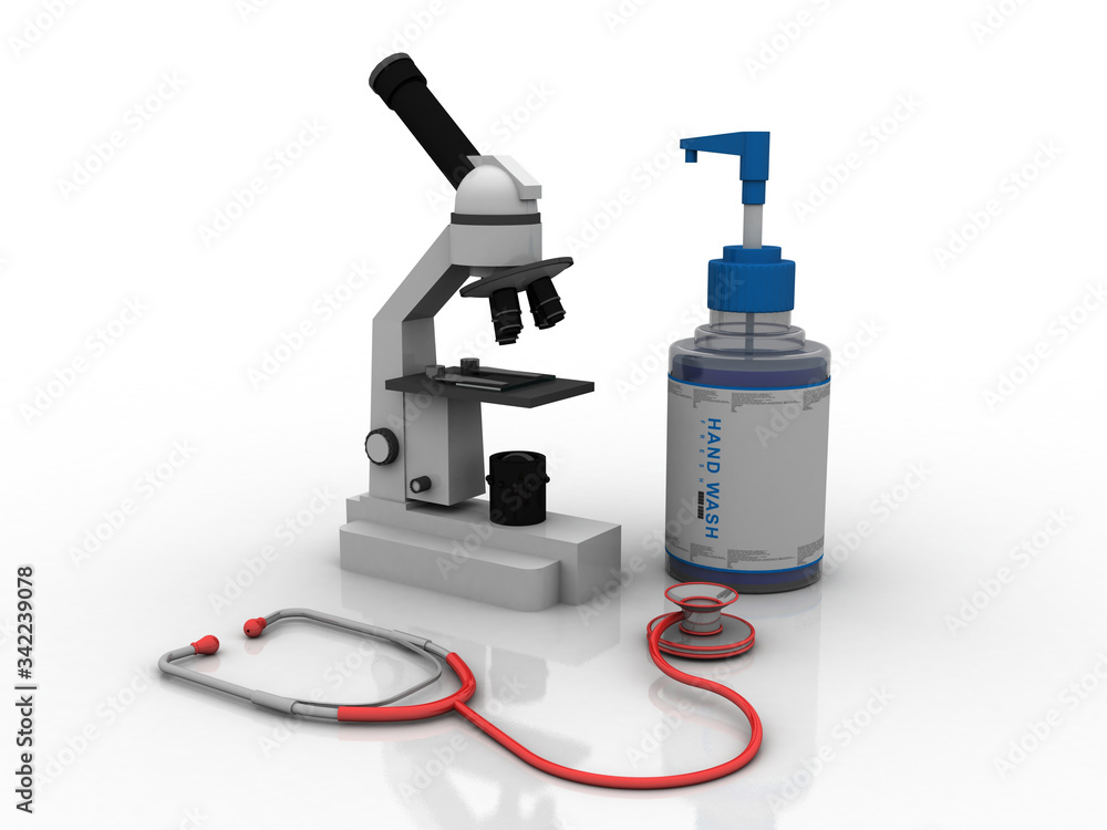 Aufkleber 3d rendering microscope with stethoscope near sanitizer