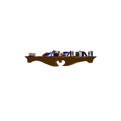 Wooden wall shelf with books. Piece of furniture with a decorative element in the shape of a heart for the interior of home, office, school. 