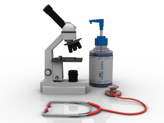3d rendering Microscope with stethoscope near sanitizer